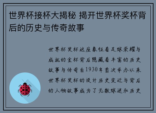世界杯接杯大揭秘 揭开世界杯奖杯背后的历史与传奇故事