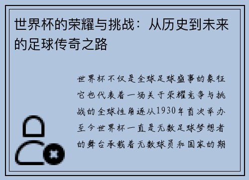 世界杯的荣耀与挑战：从历史到未来的足球传奇之路