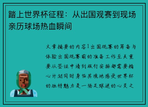踏上世界杯征程：从出国观赛到现场亲历球场热血瞬间